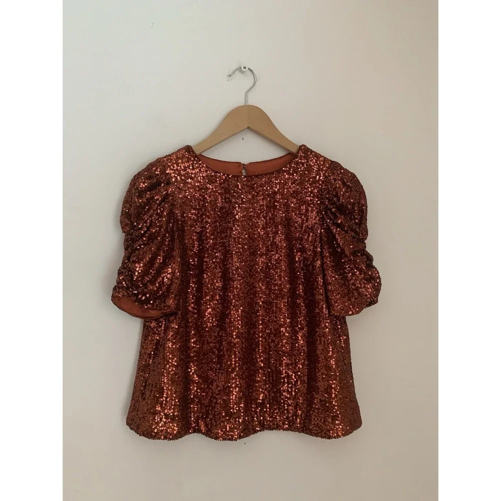 Anthropologie Marie Sequined Top Sz 2 Copper $120 Christmas Sparkle Rust NYE - Picture 1 of 13